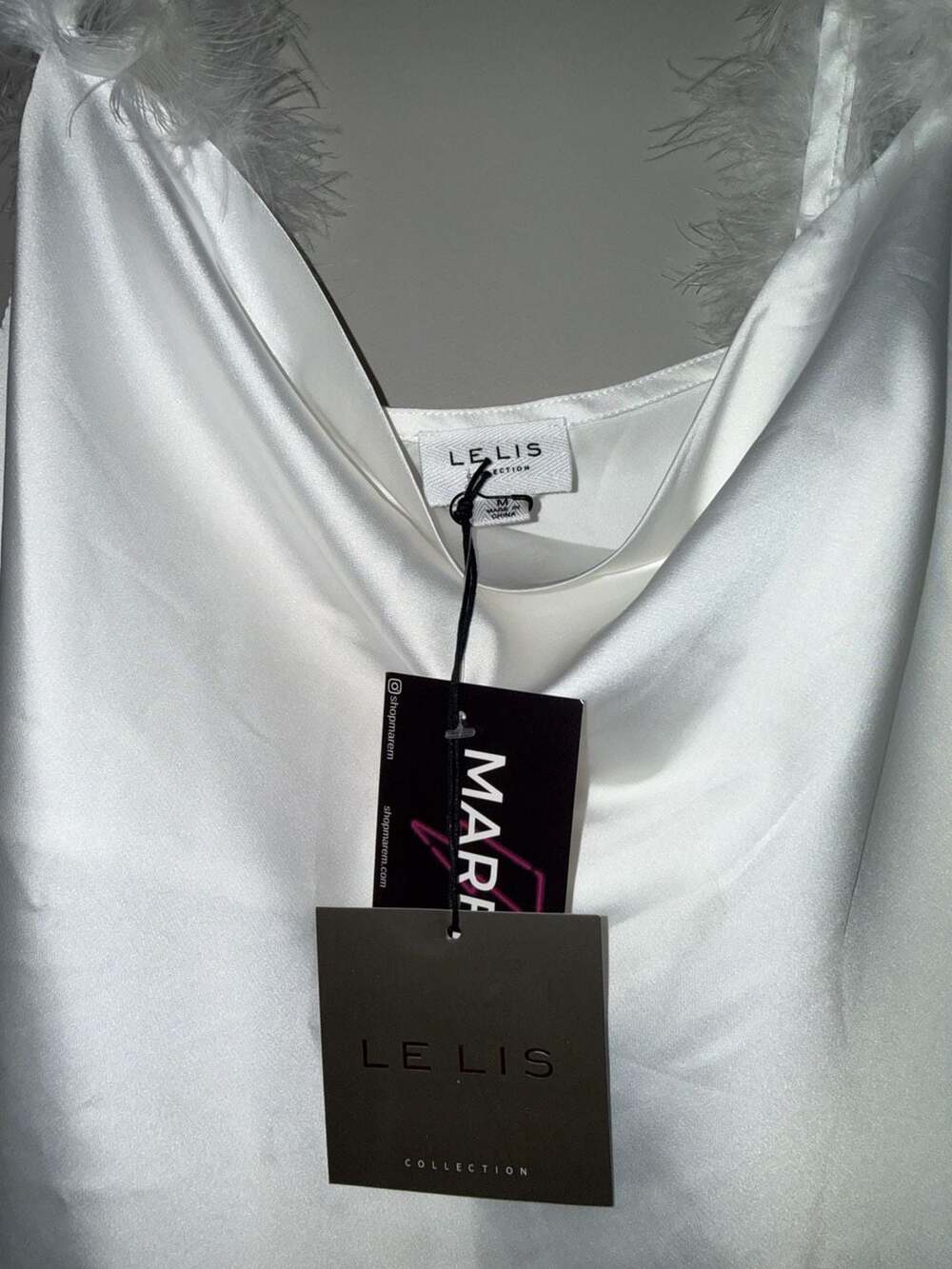 Le Lis White Satin Cowl Neck Camisole with Feather Straps Size M - Picture 3 of 5